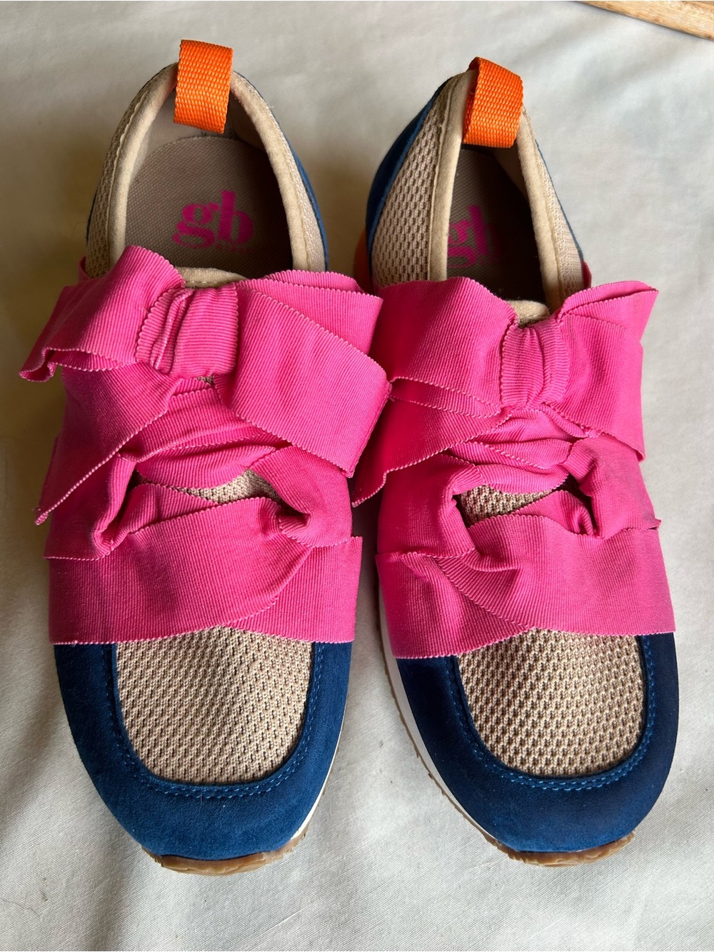 Gianni Bini Girls Pink Bow Slip-On Sneakers with Navy and Orange Accents